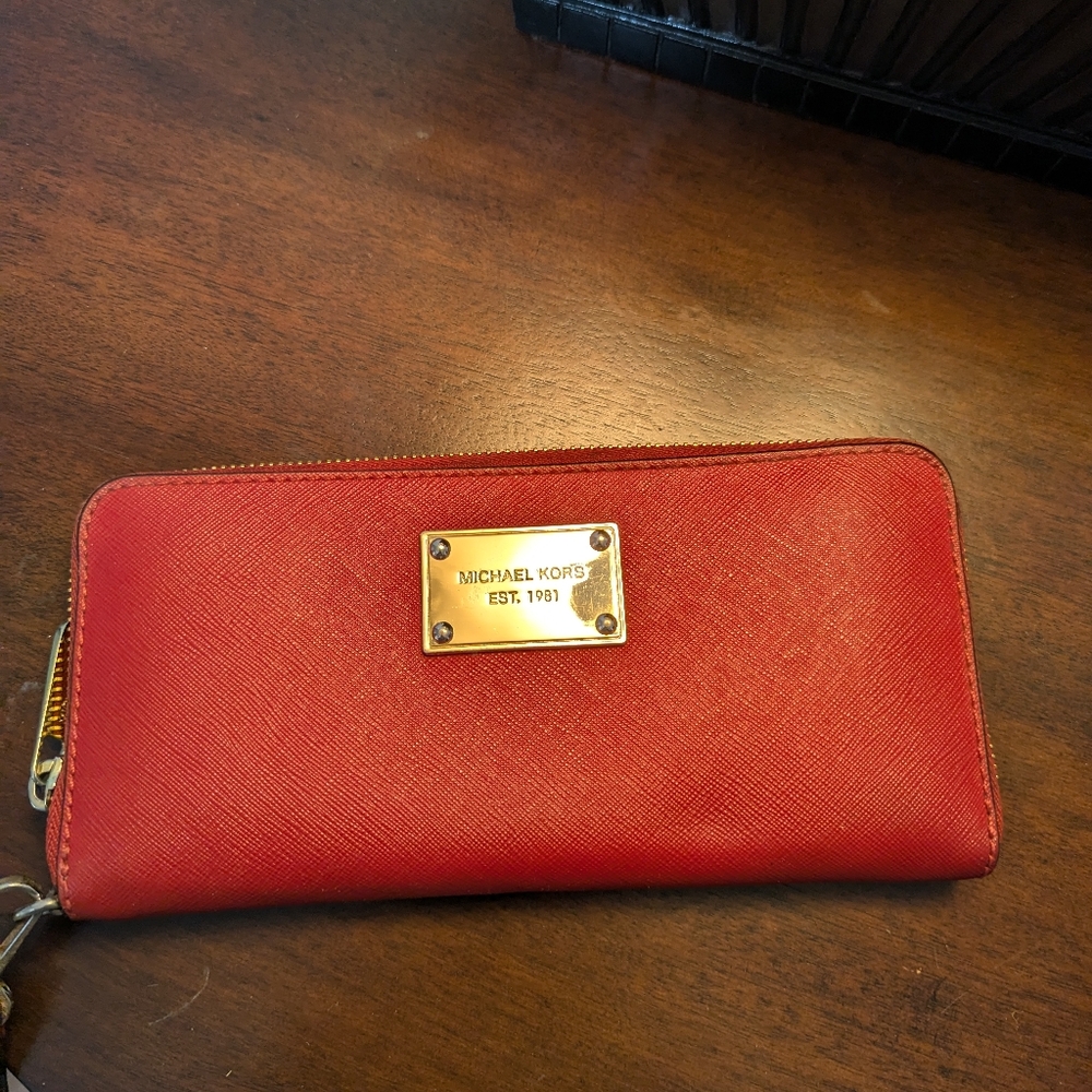 MICHAEL KORS Red Leather Wallet with wristlet strap.